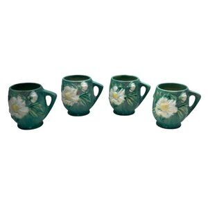 4 HTF 1942 Roseville Pottery Green Peony Mugs 2-3"